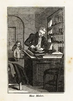 Labor Prints: Shoe-maker cutting leather at a table in a shop