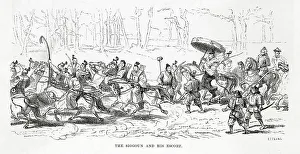 Proceeds Prints: A Shogun escorted by many riders and warriors proceeds through a forest