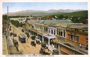 Kingston Prints: Shops, trams and vehicles on King Street, Kingston, Jamaica