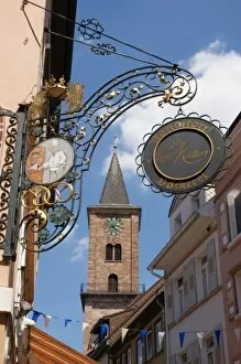 Images Dated 7th July 2010: Sign and tower, Eberbach, Baden Wurttemberg, Germany