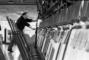 A signalman at work at Shrewsbury, Shropshire, England