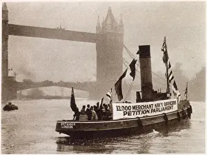 Signed by more than twelve-thousand British Merchant Navy Officers and ten-thousand members of the public. The tug boat Britannia. on the River Thames on its way to Parliament Date: 30th November 1933