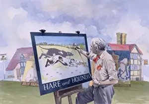Hanging Prints: A signwriter painting a pub sign