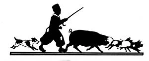 Silhouette of a boy with pig and piglets