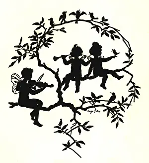 Silhouette of fairies and birds on a tree branch