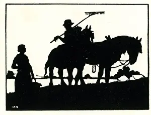 Silhouette, Farm scene, returning from the fields