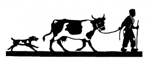 Silhouette of farmer, cow and dog