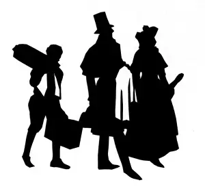 Silhouette of Georgian couple and young porter