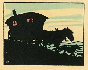 Images Dated 6th September 2018: Silhouette of horse-drawn gypsy caravan