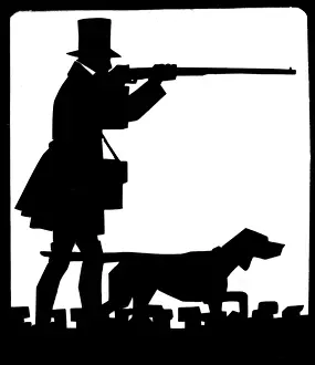 Aiming Prints: Silhouette of man and dog out hunting