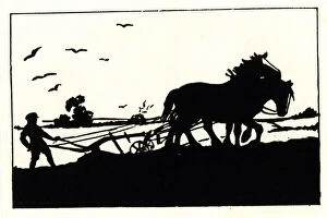 Images Dated 29th January 2019: Silhouette, Ploughman with plough and horses