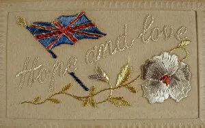 Images Dated 23rd July 2008: Silk embroidered on card - Hope and Love Union Flag