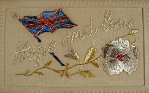 Images Dated 23rd July 2008: Silk embroidered on card - Hope and Love Union Flag