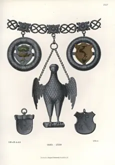 Amulet Prints: Silver chain with eagle amulet, coats of arms, and shields