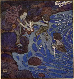 And because the silver of the moonshine-fairies is very light he was able to carry a great deal of it. Scene from The Cloud that Had No Lining illustrated by Edmund Dulac. Date: 1913