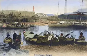 Riverbank Prints: Singapore - Native Sampan boats moored on the riverbank
