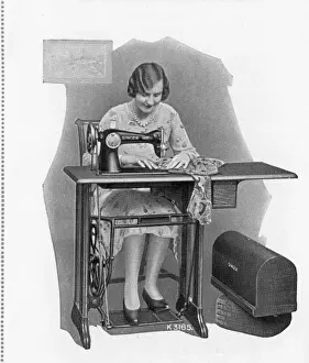 Textile Prints: Singer Sewing Machine - one-drawer drop-leaf table
