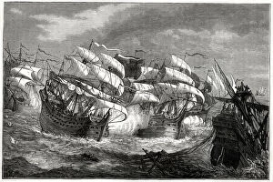 Azores Collection: Sir Francis Drake attacking a Spanish treasure ship (actually a Portuguese carrack
