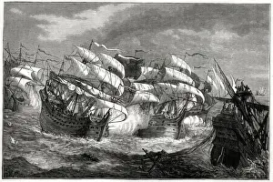 Sir Francis Drake attacking a Spanish treasure ship (actually a Portuguese carrack