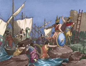 Sisebut (c. 565-621) landing in Tangier. Engraving. Colored
