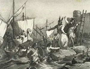 Visigoths Prints: Sisebut (c. 565-621) landing in Tangier. Engraving