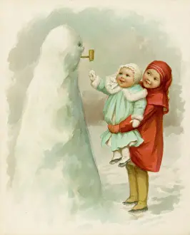 Sister Prints: Sister holding up baby to see their snowman