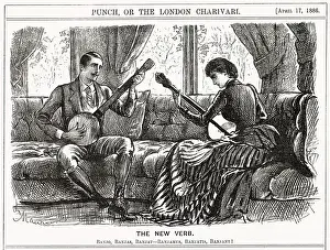 They sit in a window-seat each playing his/her banjo - the instrument is the fashionable pastime of the day. Date: 1886