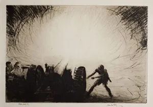 Images Dated 27th March 2018: A Sixty-Five Pounder Opening Fire, by James McBey, WW1