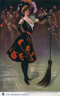 At the Skating Carnival - Pretty lady reveller with a broom
