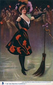 Images Dated 23rd March 2016: At the Skating Carnival - Pretty lady reveller with a broom