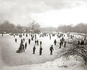 Skating on a frozen lake, England, circa 1880s