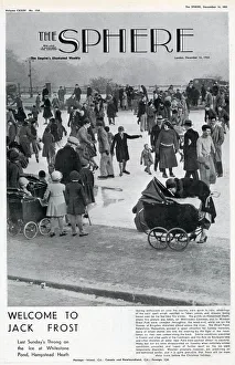 Skating on a frozen Whitestone Pond, Hampstead Heath, London. Date: 1933