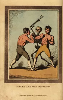 Gleadah Gallery: Skeleton of death aiming a dart at bareknuckle boxers