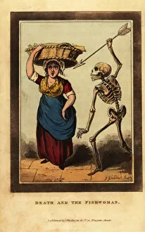 Skeleton of death aiming a dart at a Billingsgate fishwoman