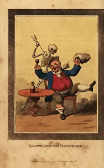 Skeleton of death aiming a dart at a corpulent man