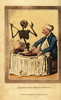 Skeleton of death aiming a dart at a corpulent man eating