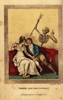 Sings Collection: Skeleton of death aiming a dart at a lovers on a sofa