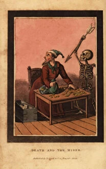 Joshua Gallery: Skeleton of death aiming a dart at a miser