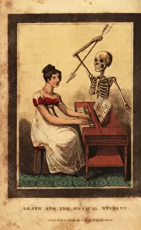 Skeleton of death aiming a dart at a woman playing the piano