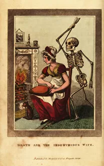 Joshua Gallery: Skeleton of death aiming a dart at a woman tending a fire