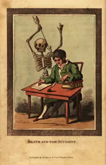 Joshua Gallery: Skeleton of death aiming a dart at a young man at a desk