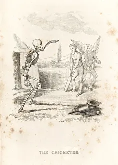 Keeper Prints: The skeleton of Death bowls a ball at a cricketer at bat