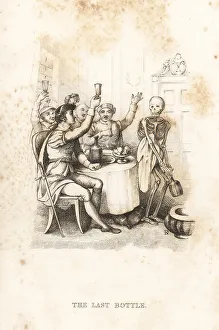 Andrews Prints: The skeleton of Death brings the last bottle of wine to a drinke