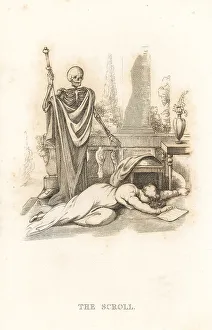 Andrews Prints: The skeleton of Death brings a scroll to a woman on a terrace
