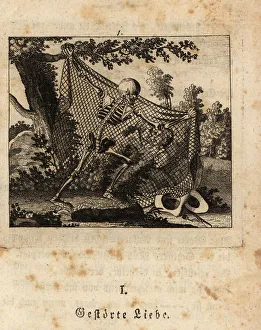 Freund Hein Prints: The skeleton of Death catching two lovers in a net