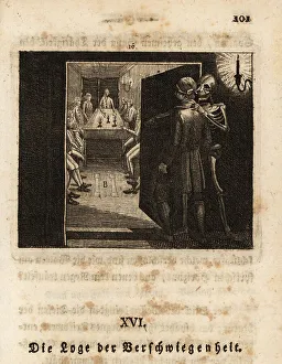 Freund Hans Prints: The skeleton of Death guides an initiate to the Masons, 18th cen