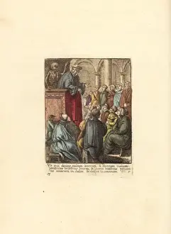 Wenceslaus Prints: Skeleton of Death holding a bone above a Preacher