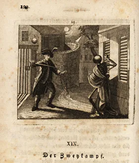 Freund Hans Prints: The skeleton of Death in a moonlight duel, 18th century
