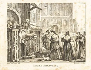 The skeleton of Death preaching to a crowd