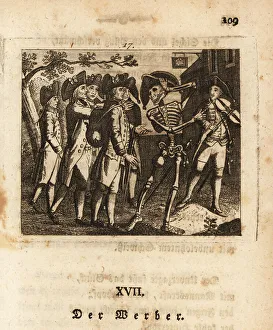 Bicorn Prints: The skeleton of Death press-gangs a man, 18th century